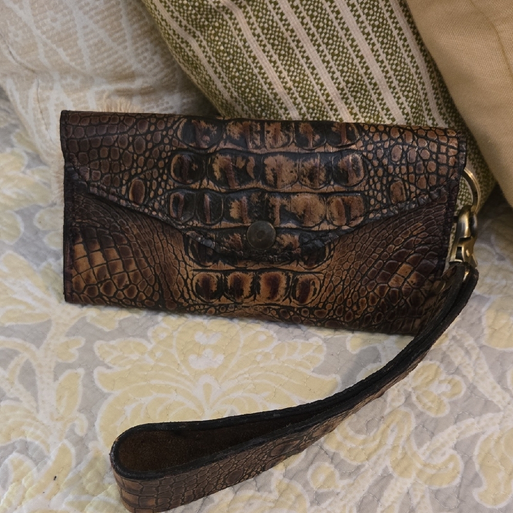 Brown Crocodile Embossed Leather Wristlet